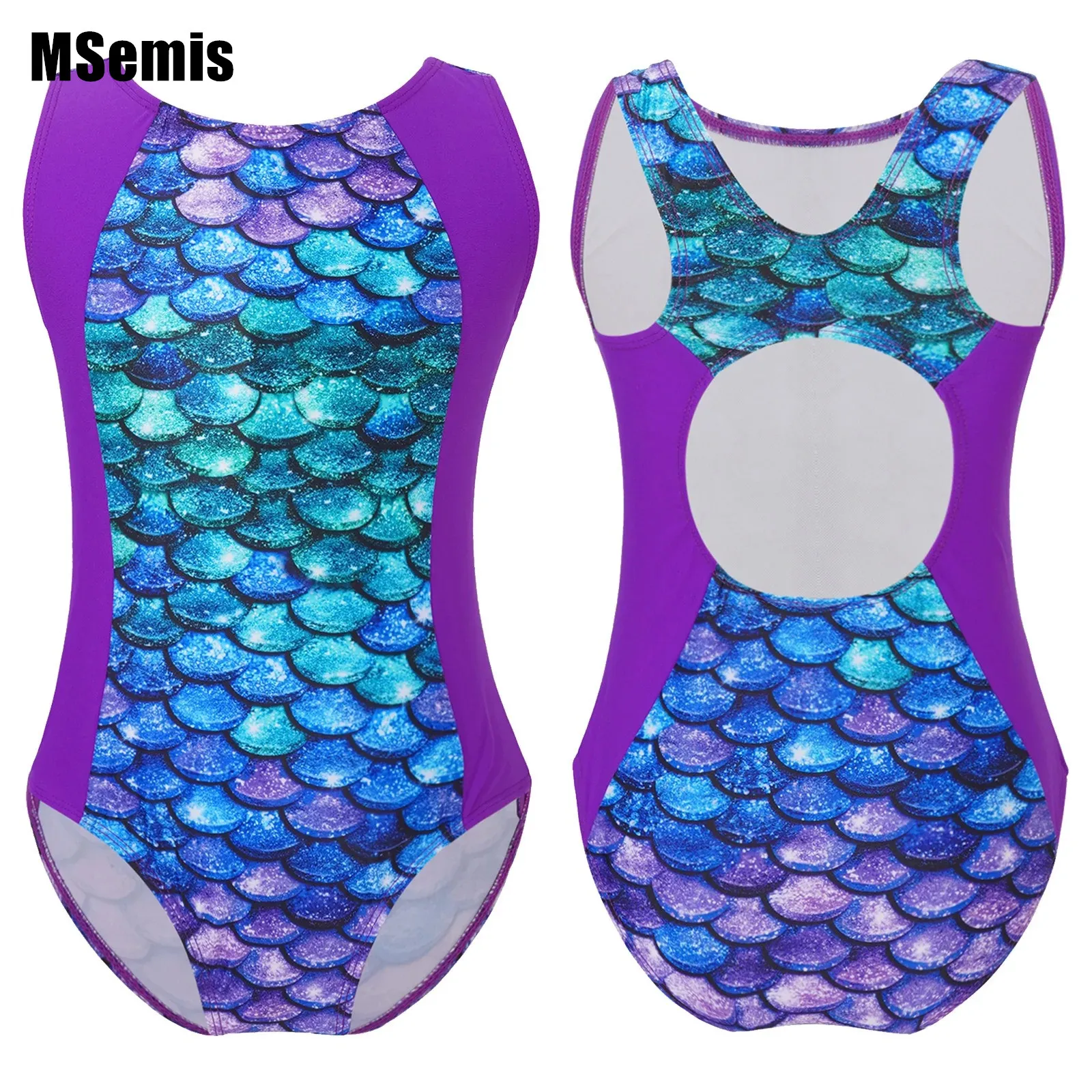 Girls Print Mermaid One-Piece Swimsuit Sleeveless Keyhole Back Swim Jumpsuit Surfing Bathing Suit Pool Beach Athletic Swimwear