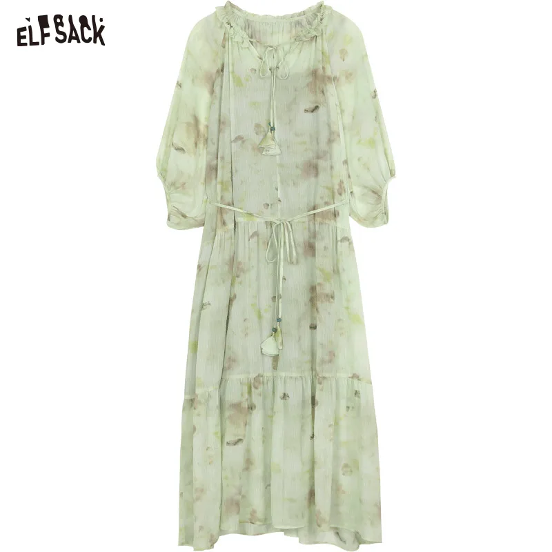 2024 Summer ELFSACK New Arrivals Ink printed dress for women with a waist cinching and elegant long dress