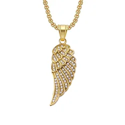 Hip Hop Iced Out Bling Angel Wing Pendant Dropshipping Gold Color Stainless Steel Rapper Necklace for Men Hiphop Jewelry Gift