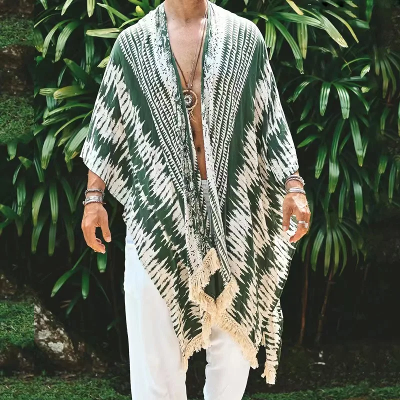 Summer Fashion Shawl Mens Print Long Windbreaker Cardigan Hawaiian Beach Sunscreen Cloak Casual Loose Cape Coat For Men Tops