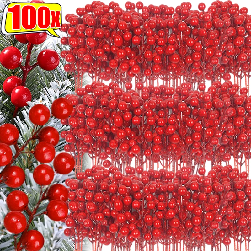 7 Head Artificial Red Berries Branch Christmas Holly Berry DIY Fake Flower Wreath Xmas Tree New Year Party Vase Gift Decoration