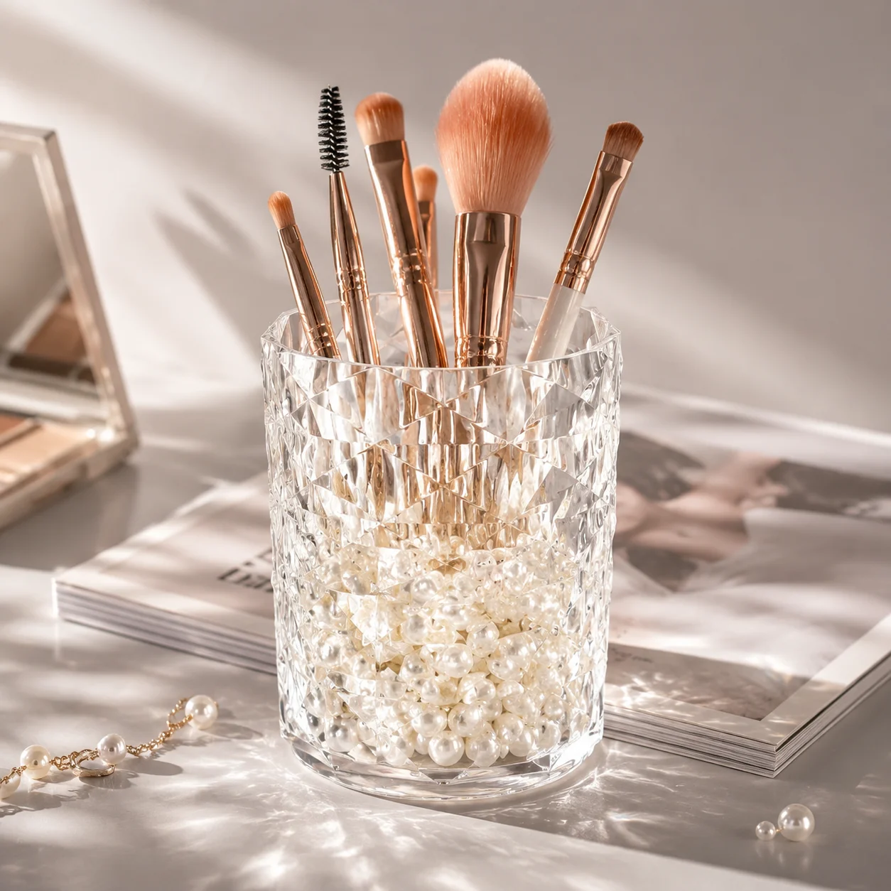 Desktop Diamond‑Textured Cosmetic Organizer, Chic Lightweight Countertop Holder for Makeup Brushes Bathroom Decoration