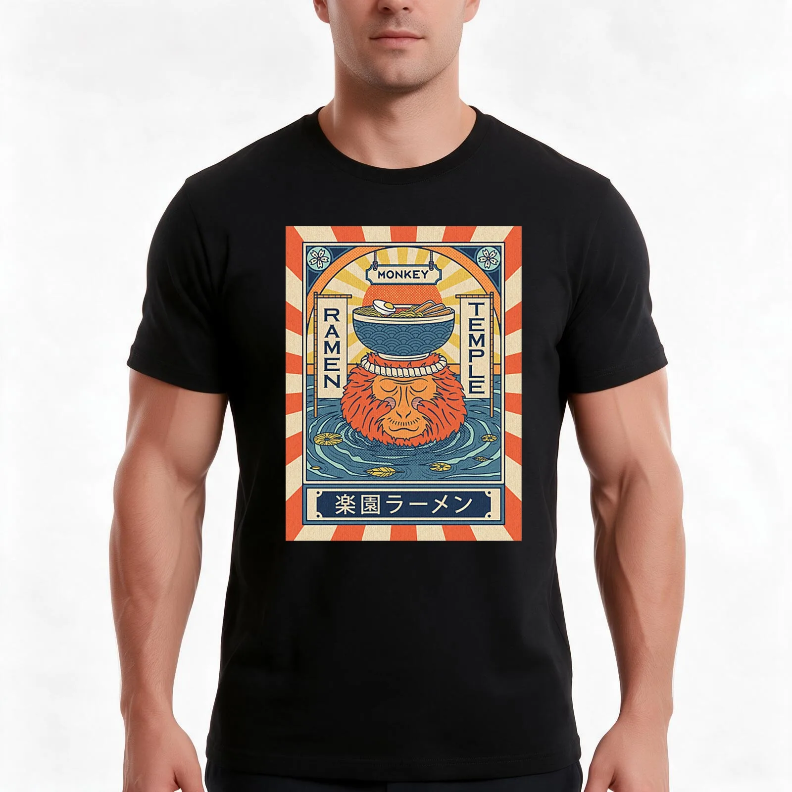 Ramen Temple Monkey T-Shirt, Summer Casual Cotton Tee, Oversized Streetwear Tops, Vintage Graphic Print, Loose Fit Short Sleeve