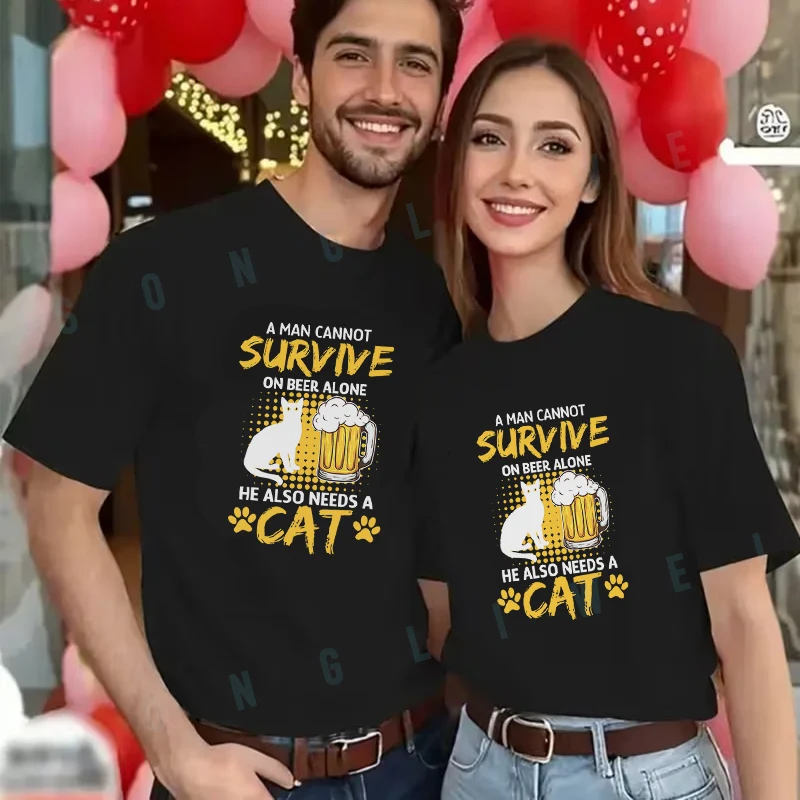 

Футболка с рисунком пива и кошек, мужская и женская летняя новая повседневная футболка, модный топ с короткими рукавами в стиле мото.
