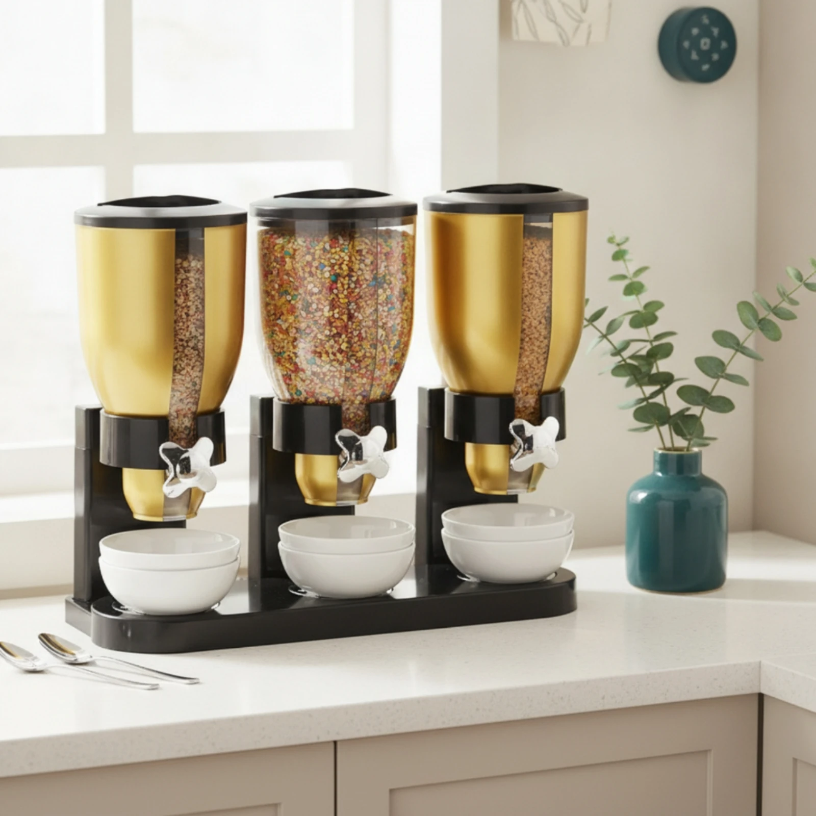 Triple Cereal Dispenser BPA-Free-BPA-Free-Safe Cereal Dispenser with Crumb Tray Container Compact Shatterproof for Kitchen