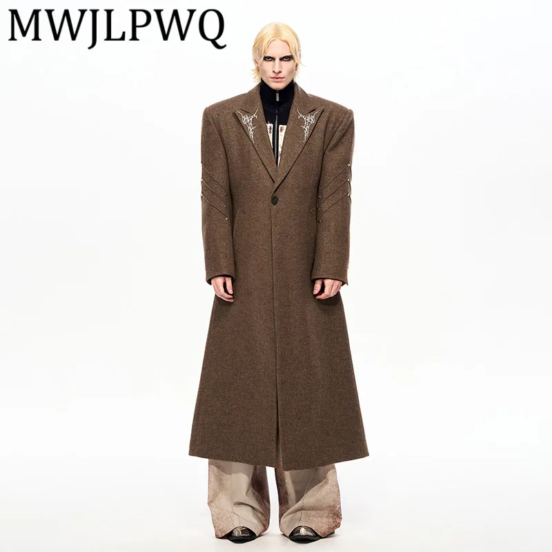 

MWJLPWQ High-End Wool Long Trench For Men Winter Embroidery Quilted Shoulder Pads Single Button Design Men's Suit Coat 12782