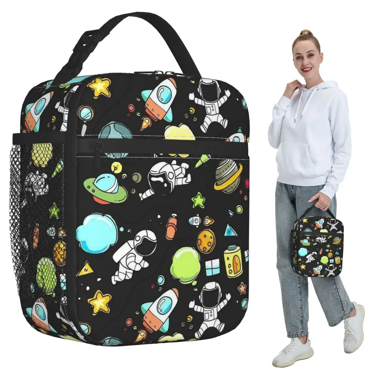 Astronauts Riding Monster Rocket Insulated Lunch Bag for Kid School Cooler Thermal Food Box Tote Leakproof Lunch Boxes Container