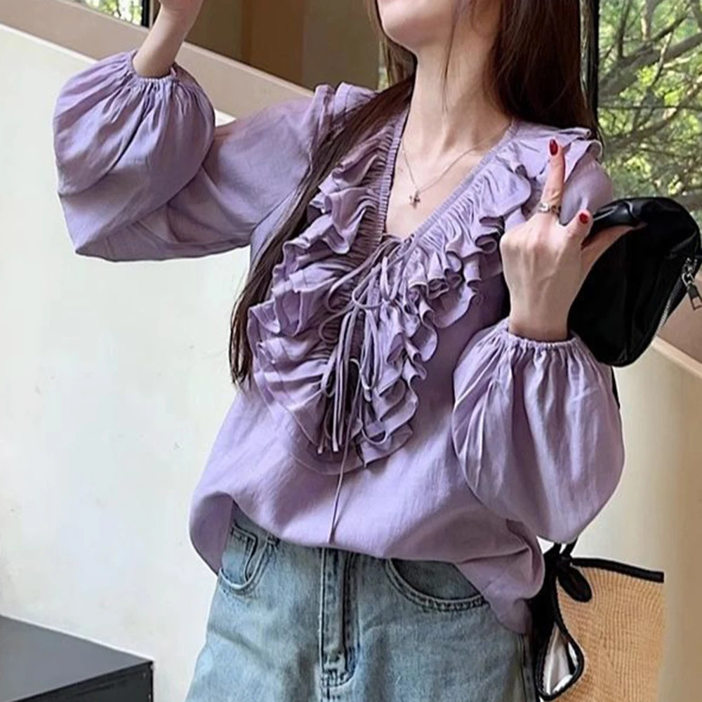 French ruffle edge drawstring V-neck shirt women's 2025 spring new  niche unique chic long-sleeved shirt