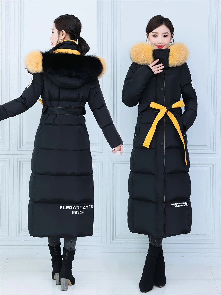 Fit -30℃ Winter 120cm Longer Duck Down Coats Female Hit Color Thicker Warm Fur Coats Real Fox Fur Hooded Parkas With Belt wy337