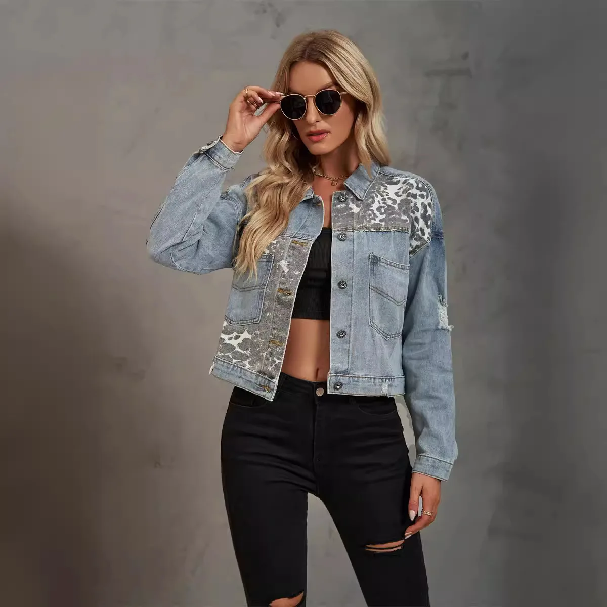 Giacche autunnali da donna in difficoltà Stampa leopardata Colletto rovesciato Top monopetto da donna Comodo cappotto di jeans per le donne