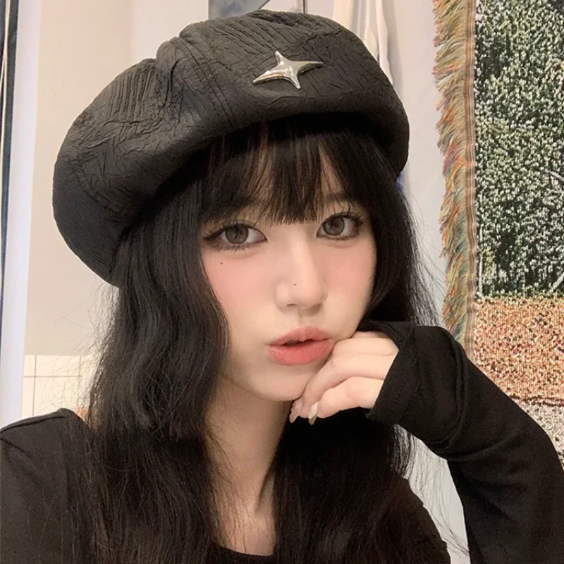 

Ins Casual Versatile Pleated Cross Star Decorative Beret Foreign British Solid Color Painter Cap Korean Octagonal Hats for Women