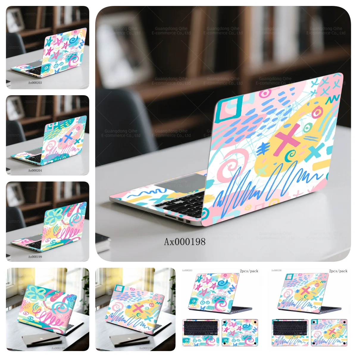 2pcs Pastel Graffiti Laptop Stickers Waterproof Self-Adhesive Removable Cute Pattern Skin Wrap for Laptop MacBook Decor