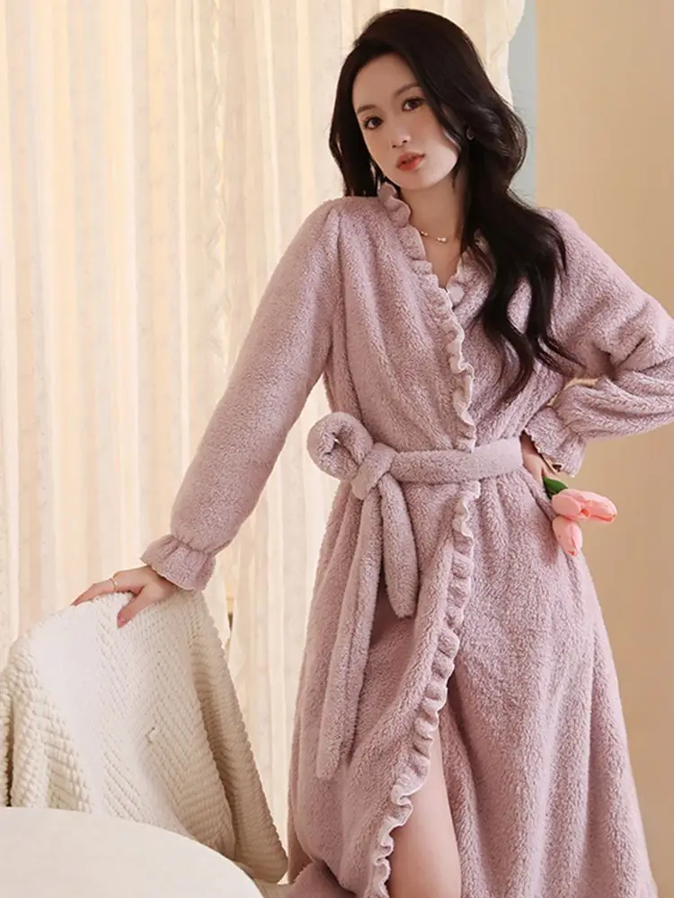 

Spring Autumn Coral Velvet Nightgown Women's Autumn Winter New Premium Bathrobe Plus Velvet Thickened Home Clothes Woman Pyjamas
