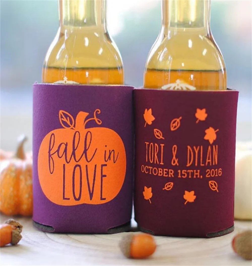 Fall in Love Pumpkin Leaf Personalized Wedding Can Coolers - Wedding Favors for Guests, Destination Mountain Weddings, Welcome