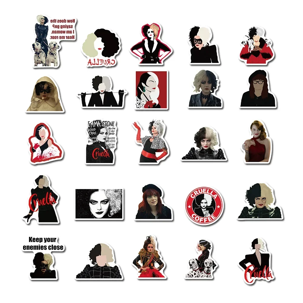 50pcs Disney Movie Cruella Sticker Villain Queen Decals DIY Graffiti Skateboard Laptop Motorcycle PVC Cool Sticker Decals