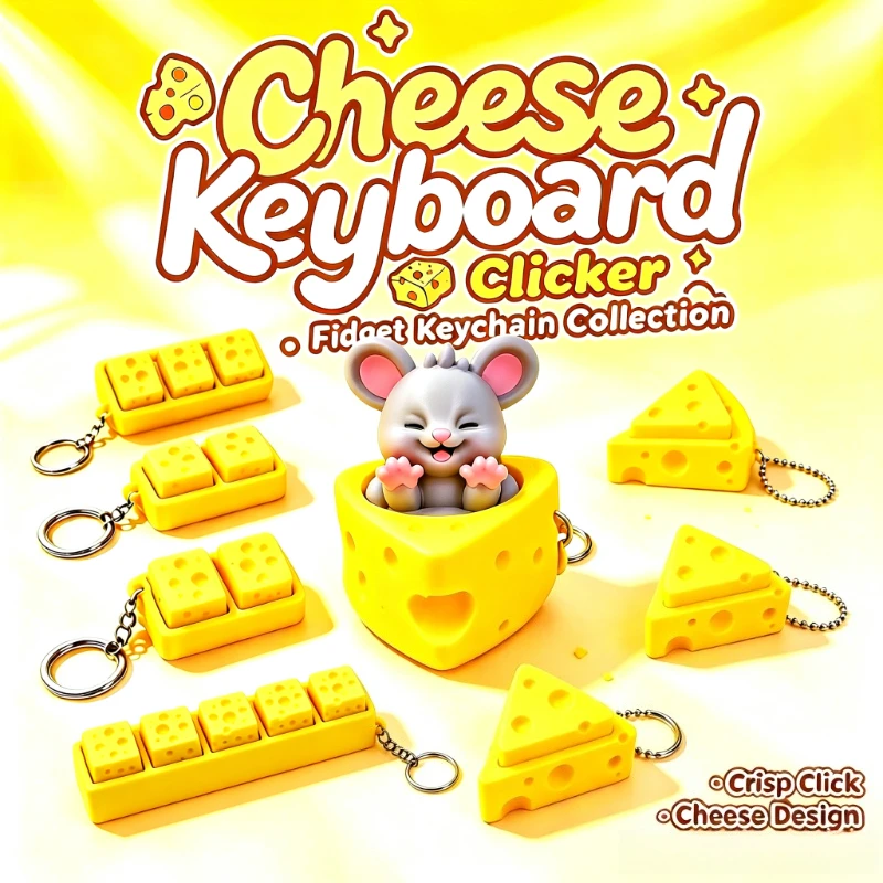 Mini Cheese KeyChain Keyboard Stress Relief Fidget Button Cheese Keycap Fidget Clicker Keyboard Keychain Pendant Finger Toys