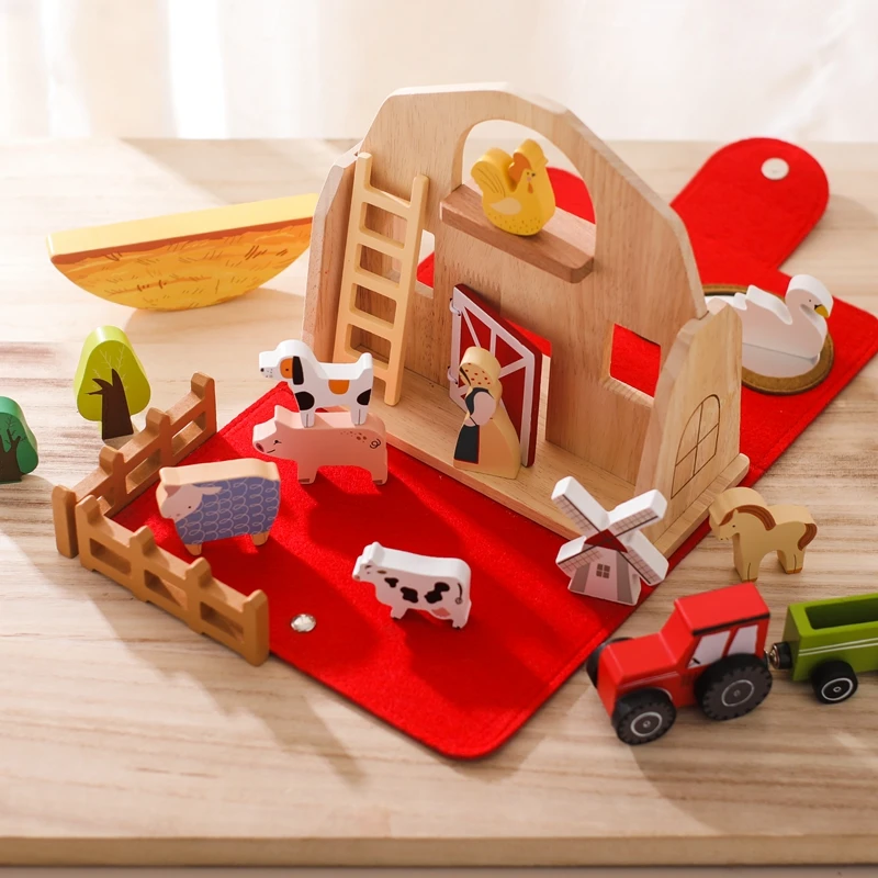 Children Montessori Wooden Threading Toys Farm Farmer Poultry Animal Model Wooden Stacking Game Kids Early Educational Toys Gift