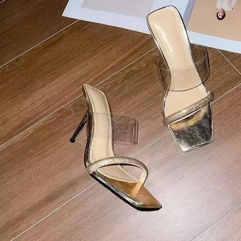 Stiletto Slippers Summer Square Toe Rhinestone Clear Slip Strap High Heels for Kids