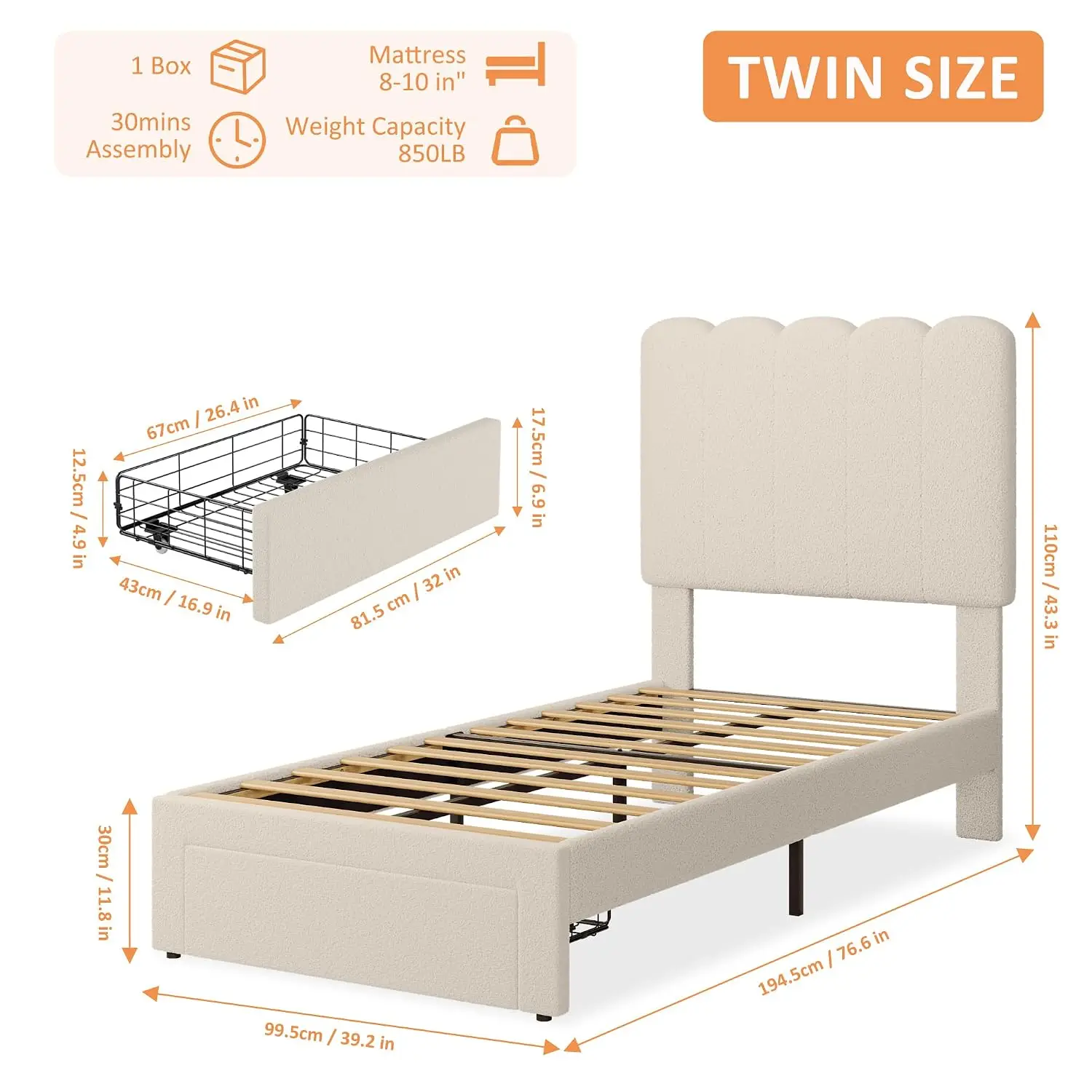 White Upholstered Twin Bed Frame Wave Headboard Under-Bed Drawer Kids Girls Wooden Slats No Box Spring Platform Bed, Customized