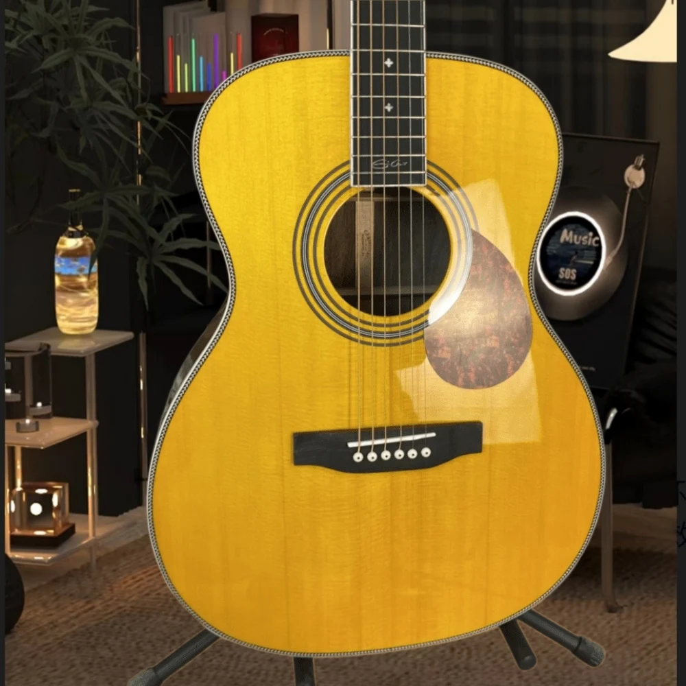 Handmade Yellow Acoustic Guitar with 6 Strings and Guard Plate, Spruce Top Nut Suitable for Beginners and Professionals view 2