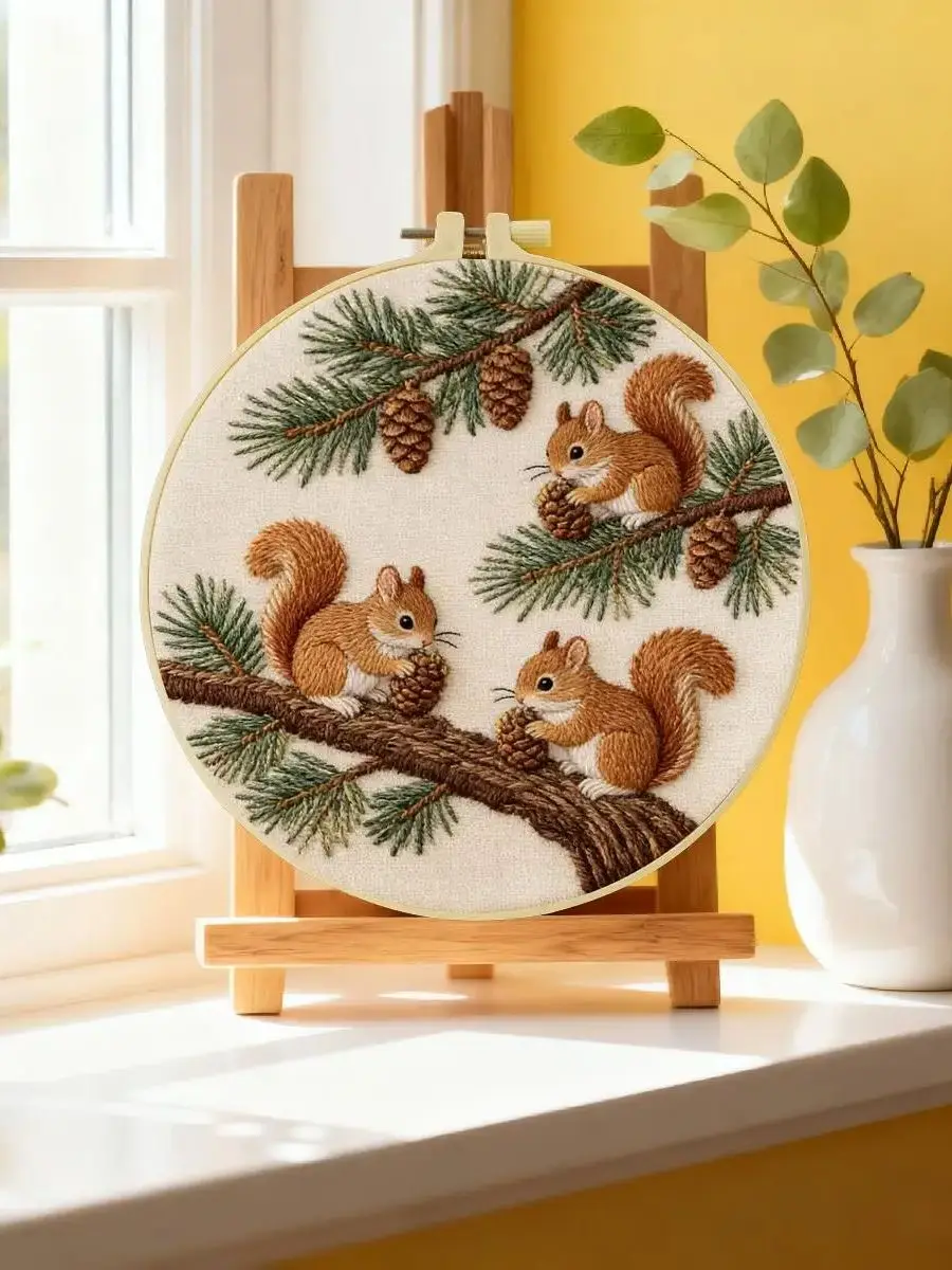 1 Stück 20X20CM/15X15CM 7,87/6,3 Zoll Tier - Eichhörnchen Stickerei Starter-Kit DIY-Kit DIY-Stickerei-Set Handarbeiten Malerei – Detail 6