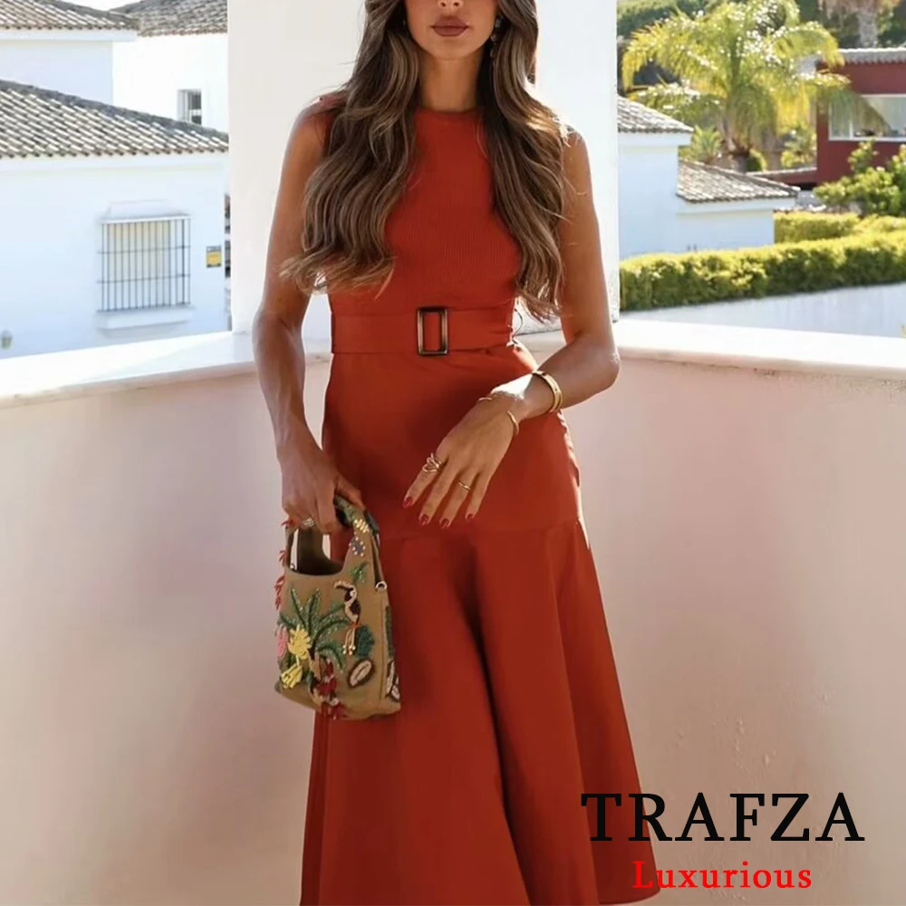 TRAFZA Elegant Solid Knitted Patchwork Midi Dress Women O Neck Sleeveless Belted Dresses 2024 Chic Lady Party Dress