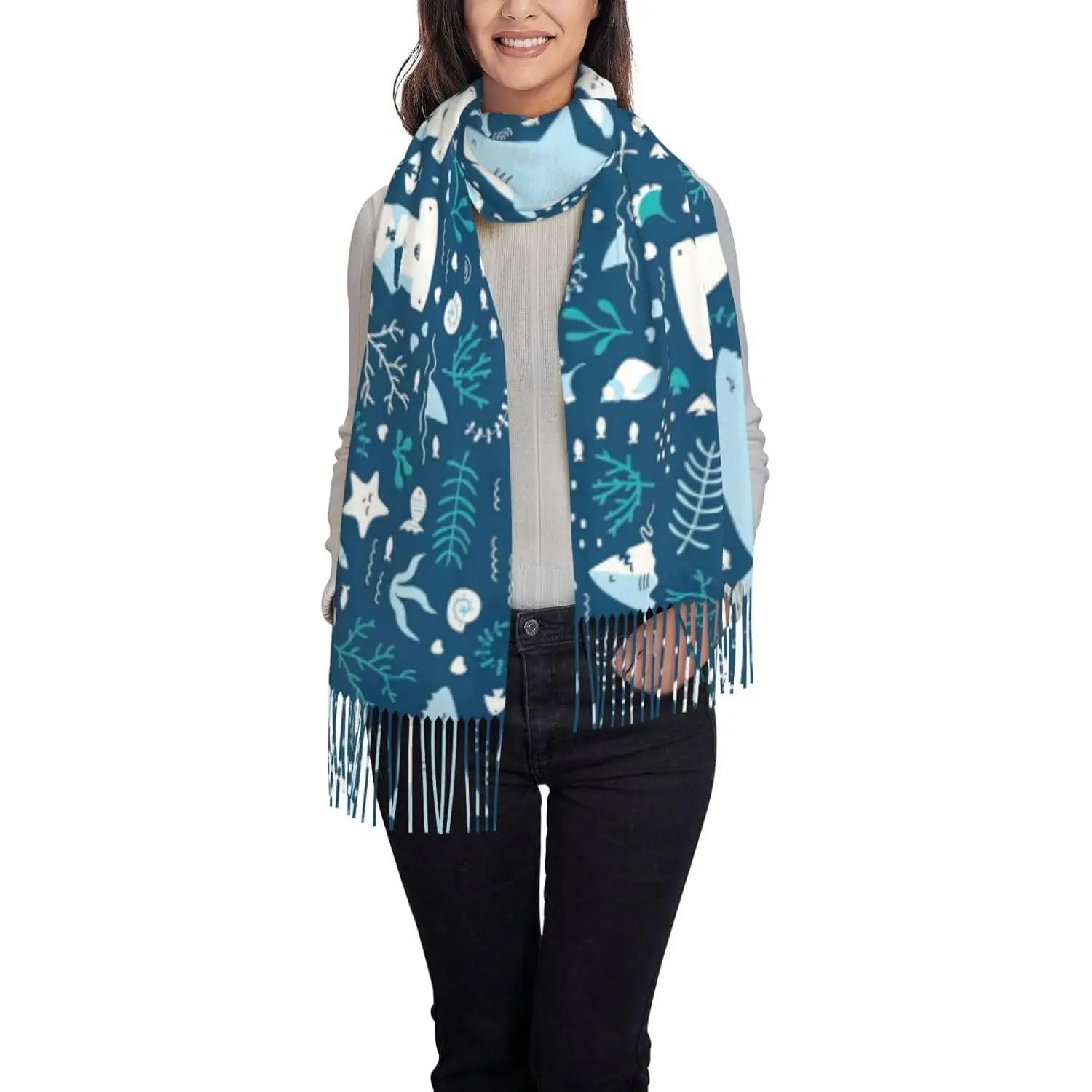

Cute Blue Fish Print Women'S Fringed Scarf Soft Lightweight Polyester Tassel Scarf Fall Winter Fashion For Gift Women
