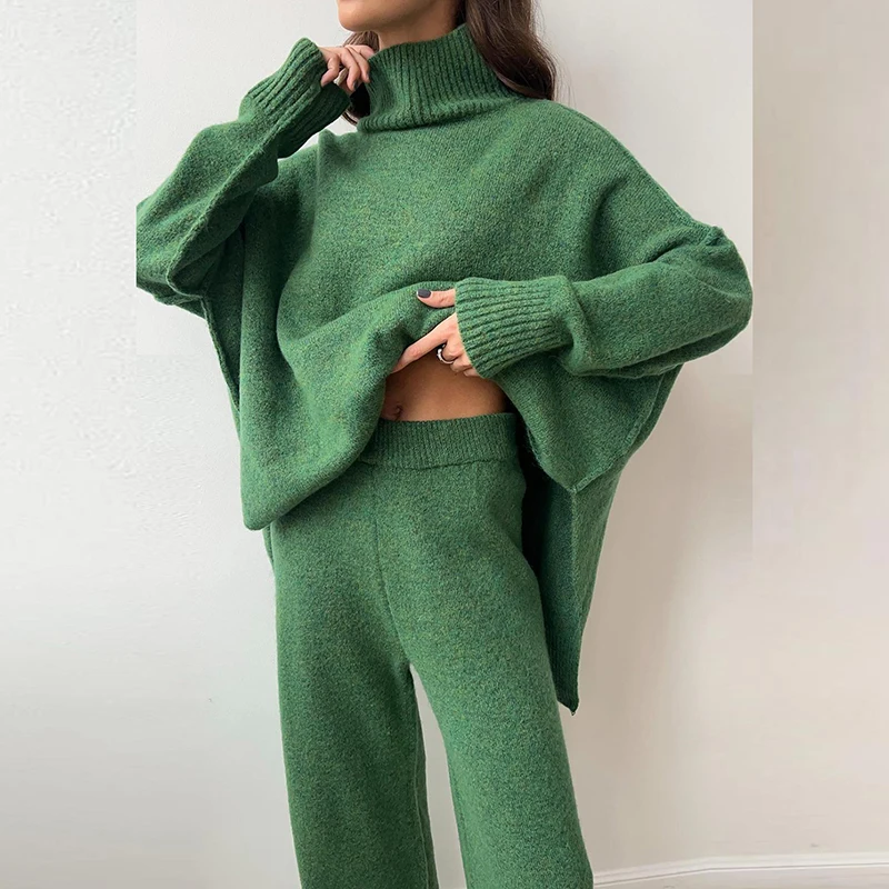 Oversized Long Sleeve Loose Top Pullover High Waist Pants Suit Women Solid Turtleneck Knit Sweater Set Autumn Winter Warm Outfit
