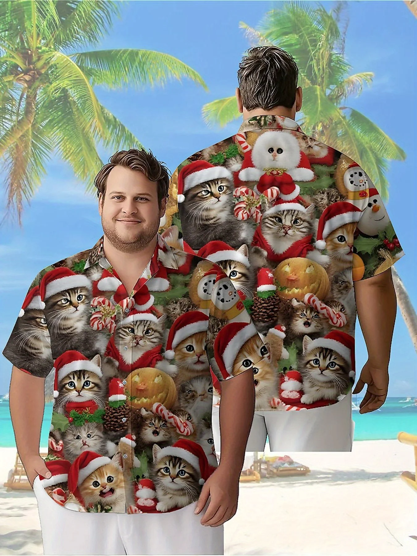 

Men's Plus Size Hawaiian Shirts Christmas Cat Party Pattern, Button Up Shirts, Unisex Casual Clothing, Summer Tops