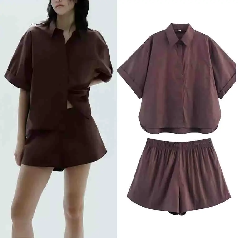 

Women's new fashion pocket decoration casual single breasted poplin shirt retro short sleeved women's shirt chic top+Shorts suit