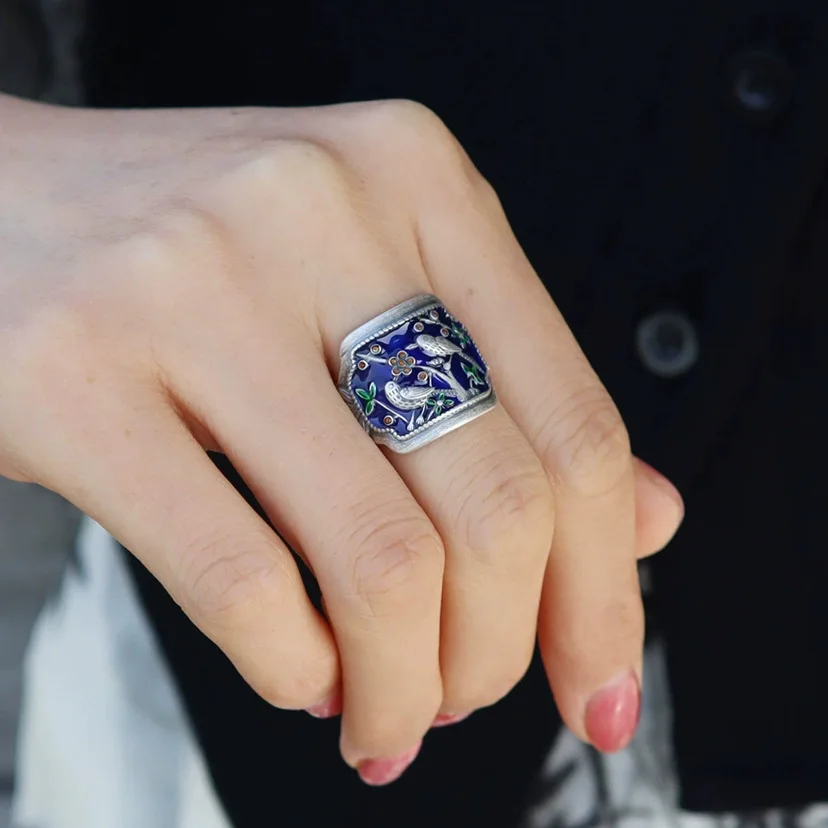 Silver retro Chinese style magpie wide version adjustable ring ethnic style glue worker high-end men's and women's jewelry