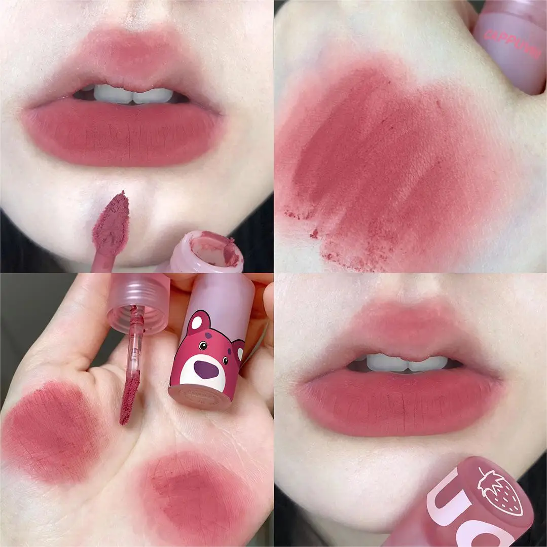 Three Sets Strawberry Bear Lip Mud Ventilated Nude Makeup Matte Lasting Matte Lipstick Affordable For Female Students