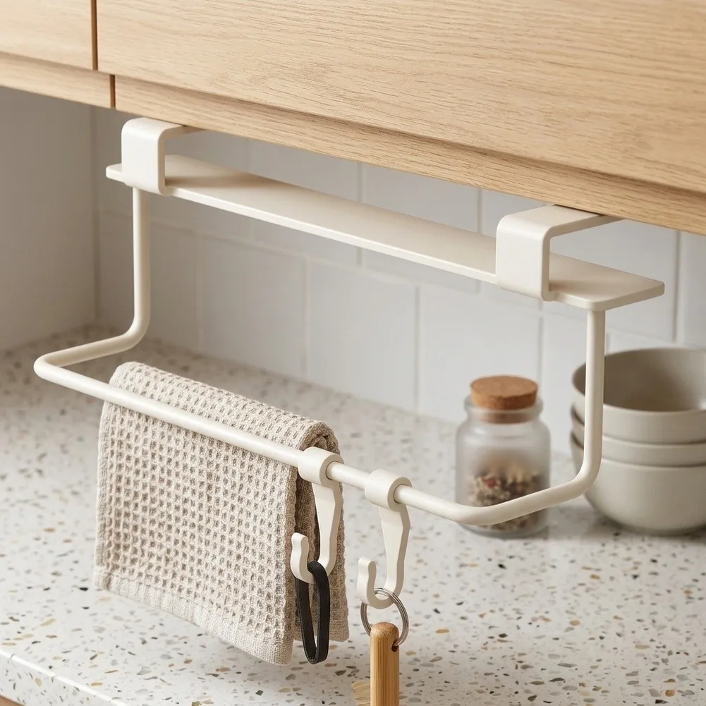 Towel Rack Under Cabinet No Drill Setup for Bathroom 30.3x3x7cm Space Saving Organizer with Adjustable Hook Spacing
