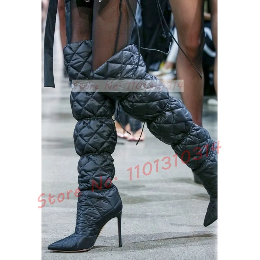 Plaid Drawstring Over-knee Boots Women Sexy Quilted Shiny Leather High Heels Pointy Toe Boots Ladies Winter Warm Long Shoes