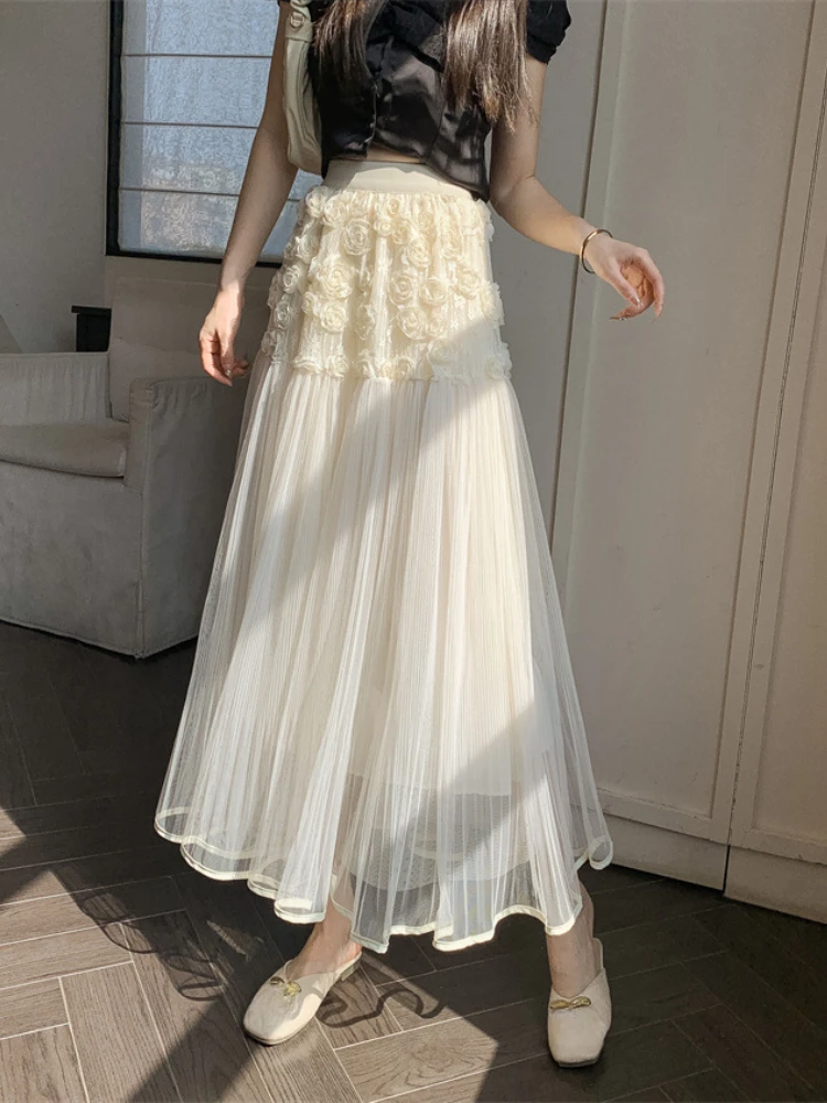 

Elegant Mesh Skirt Women's French Three-dimensional Flower Design High Waist Skirts for Women Fashion Solid Pleated Long Skirt