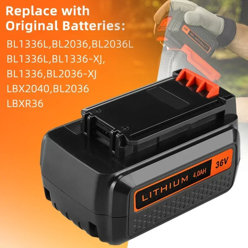 36V/40V 4000mAh Li-ion Replacement Battery for  Black&Decker LBXR36 LBX2040 LBX36 BL1336L BL2036 BL2036L BL1336 LED Indicator