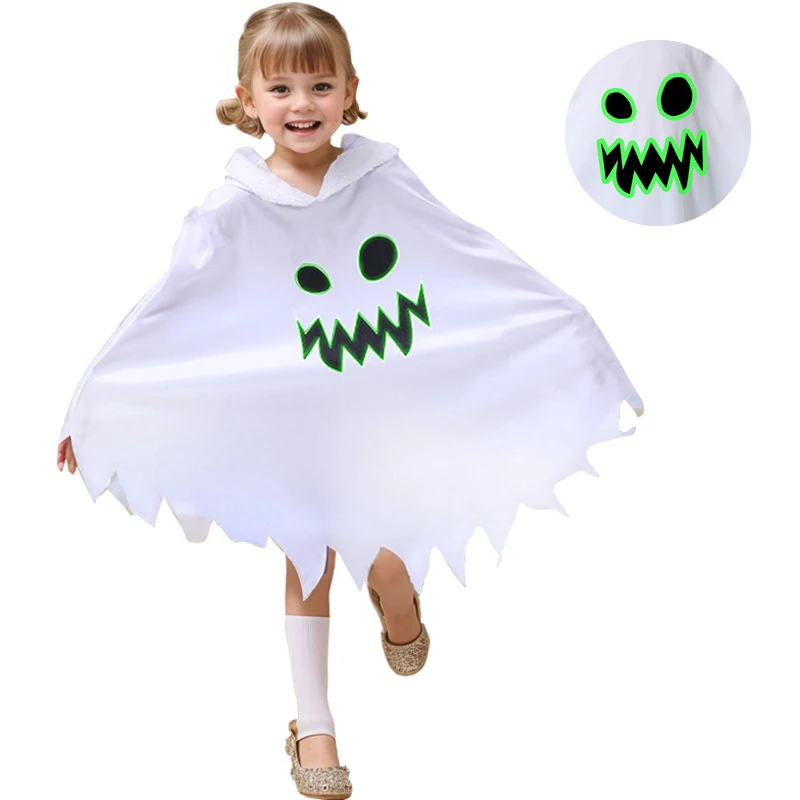 

Kids Cape White Ghost Luminous Hooded Cloak Boys Girls Cosplay Costume Party Performance Costume Halloween Costume