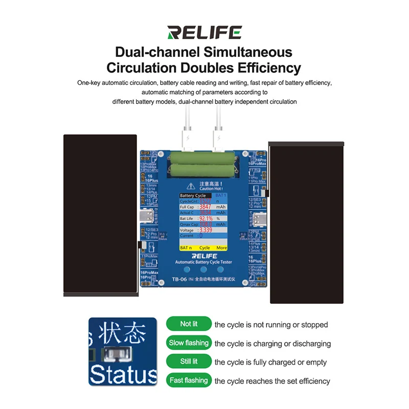 RELIFE TB-06 Pro ثنائي القناة التلقائي بالكامل جهاز اختبار دورة البطارية للهاتف 11-16 سلسلة التلقائي مباراة اختبار دورة البطارية