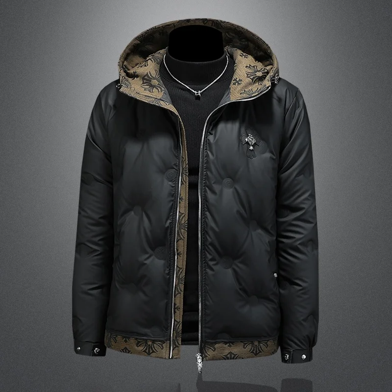 

High-End Men's down Jaet European Sle Hooded White Du down Warm Outerwear Polyester Fabric 3D Stereo Design Regular Fit