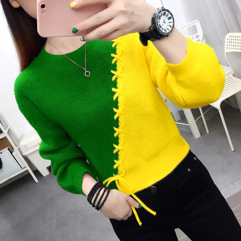 

2024 Women Sweaters Pullovers Autumn Winter Long Sleeve Splicing Solid Pullover Female Casual Short Knitted Sweater Knitwear Pul