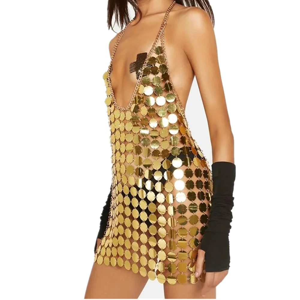 

Women's Spice Girl Metallic Sequin Mini Skirt, Silver Disc, Deep V, Beach, Nightclub, Party Evening Dress, Fashion, 2024