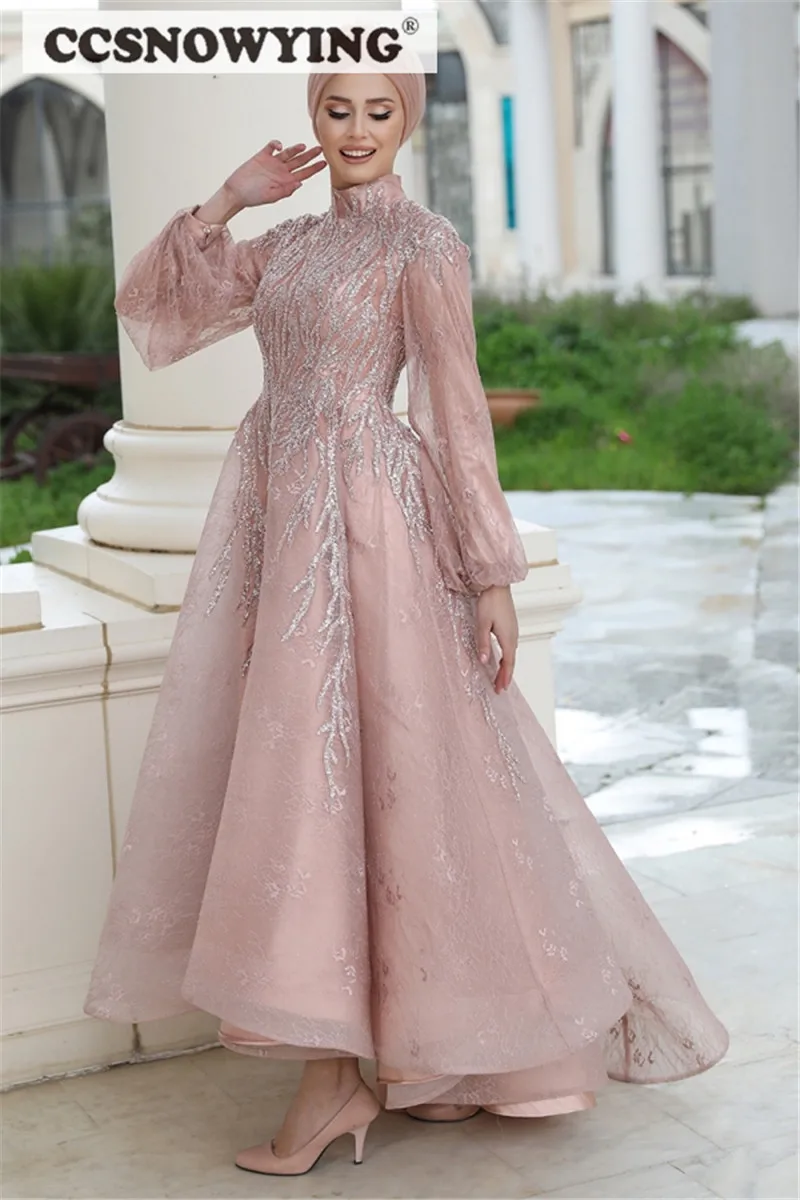 Lace Beaded Muslim Hijab Evening Dresses Long Sleeve Islamic Prom Dress Women Formal Party Gown Arabic Dubai Robe De Soiree