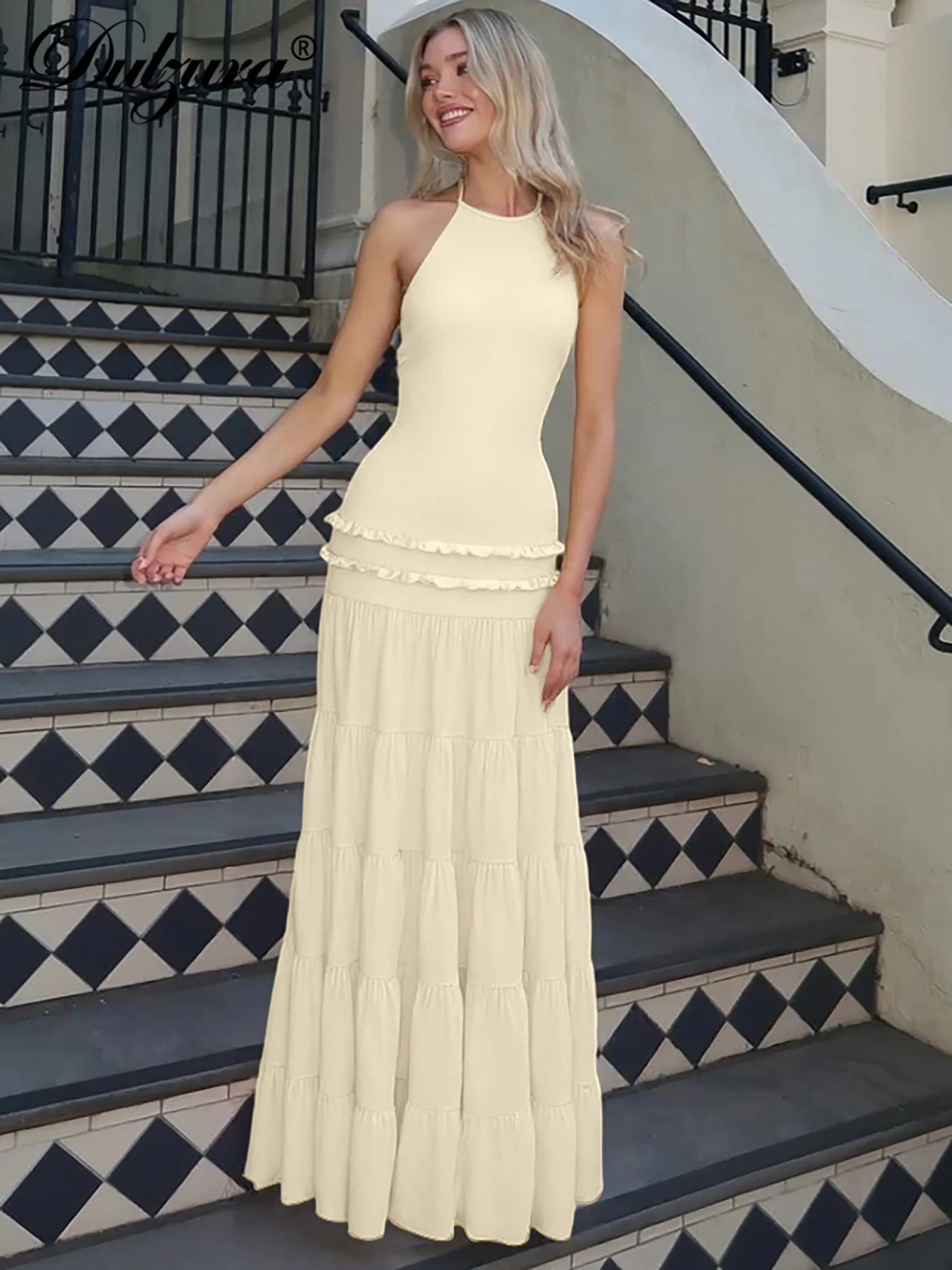 Dulzura Halter sin mangas sin espalda ajustado con cordones volantes plisado vestido largo sólido Sexy elegante vestido de fiesta Club traje de verano