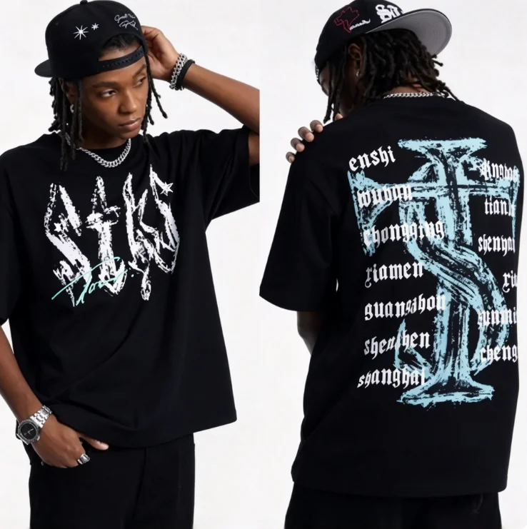 2026 new Dual‑Sided Gothic Distressed Letter City‑List Graphic Print High‑Quality Comfort Loose Street‑Style Short‑Sleeve Tee