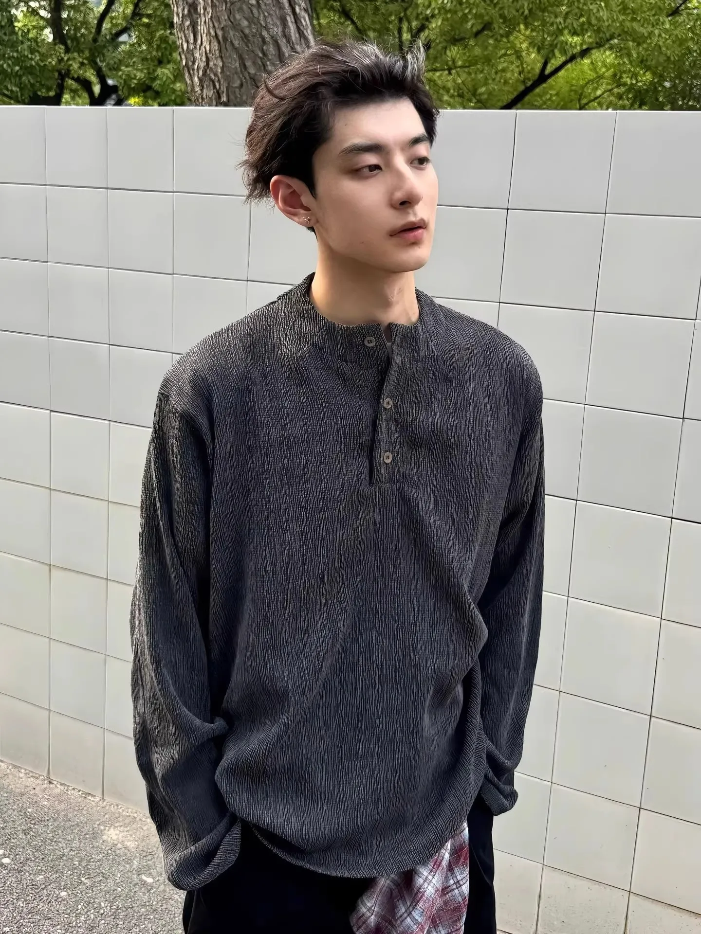 Deep Grey Henry Collar Long Sleeve T-Shirt Men Spring Autumn Drawstring American Retro  Sweatshirt Inner Wear Base Shirt