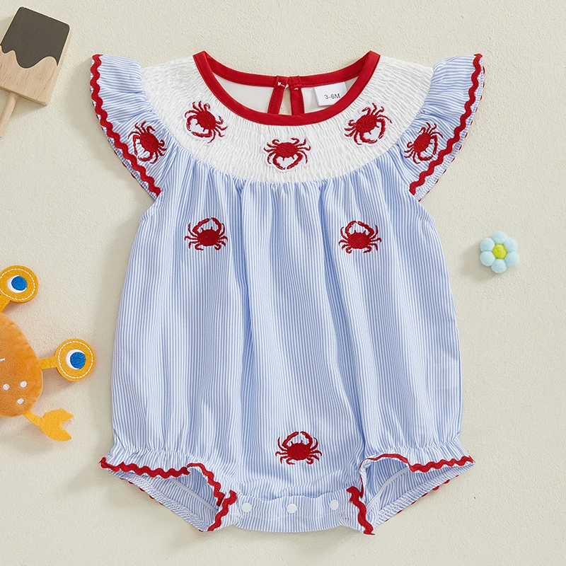 

Infant Baby Girl Smocked Outfit Striped Crab Embroidery Fly Sleeve Crewneck Bubble Romper Newborn Summer Bodysuit