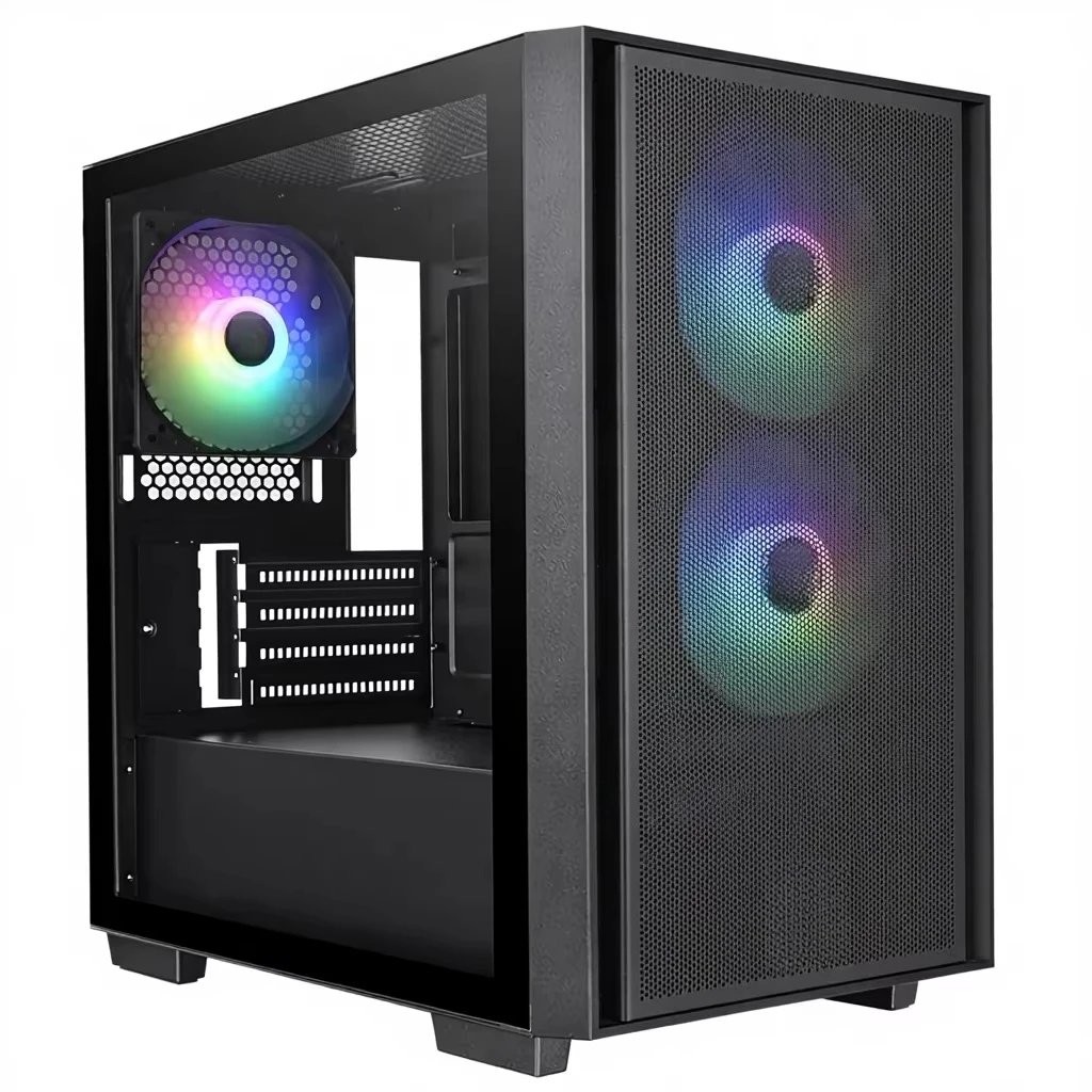 Black MATX Desktop Chassis Tempered Glass Side‑Window Equipped With 3 ARGB Fans For Home PC Assembly