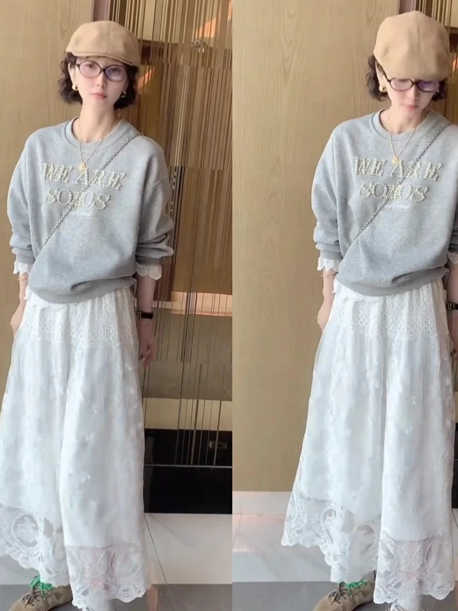 Ele Lace Splice A-Line  Skirt Women's Faion Slimming Design White f-length Skirt Casual Straight Tube Summer Thin