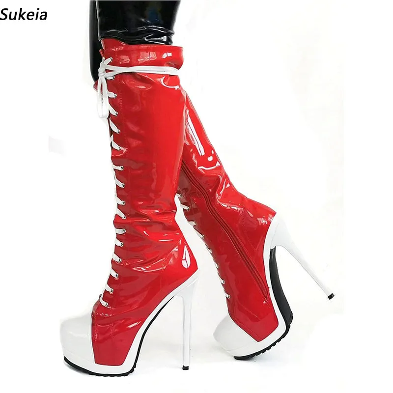 

Sukeia Handwork Women Winter Knee Boots Shiny Thin High Heels Round Toe Beautiful Red Pink Club Shoes Ladies US Plus Size 5-20