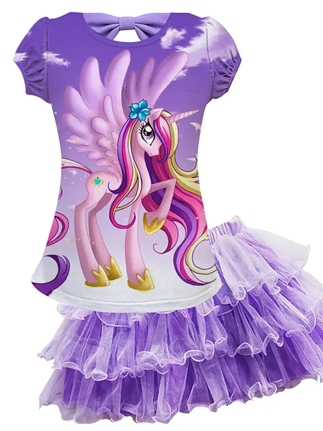 Hibobi-Camiseta de manga corta con estampado de unicornio y manzana para niña, vestido de retazos de malla de Color sólido, 2 piezas